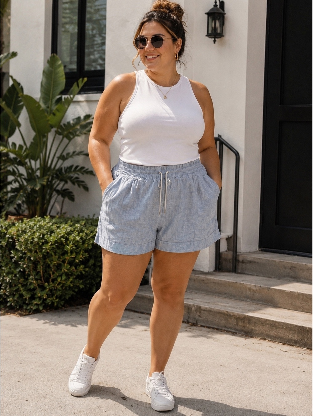 Athleta Cabo Linen 4” Shorts Size 24 Light Blue Chambray NWT